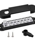 Beefy Heavy Duty Quarter Inch Stud Power Distribution Block Bus Bar With Cover For Car Audio Boat Solar 150 Amp 12V Marine Battery Distribution Block Includes 12 Stainless Terminal Screws And Heat Resistant ABS Base, with cover off
