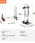 VEVOR aluminum folding hand truck with rubber wheels; 2-in-1 design for transport and moving