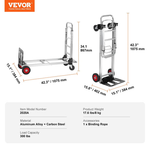 VEVOR aluminum folding hand truck with rubber wheels; 2-in-1 design for transport and moving