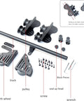 Heavy Duty Sliding Library Track Kit 20 Foot With Floor Roller Wheels No Ladder Plug And Play Setup Includes Track Ground Wheels Pulleys Seals Stops And All Screws For Quick Install components displayed on white background