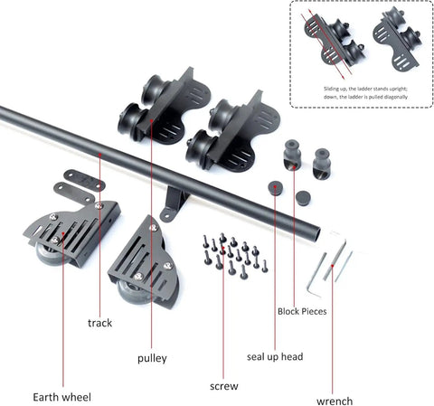 Heavy Duty Sliding Library Track Kit 20 Foot With Floor Roller Wheels No Ladder Plug And Play Setup Includes Track Ground Wheels Pulleys Seals Stops And All Screws For Quick Install components displayed on white background