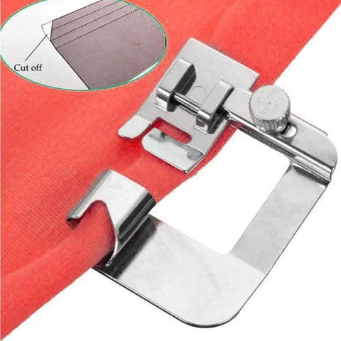 Universal Sewing Machine Presser Feet Set For Home Electric Models With Zipper Foot Binder Attachment And Overlock Presser detail of stainless steel binder foot on fabric.