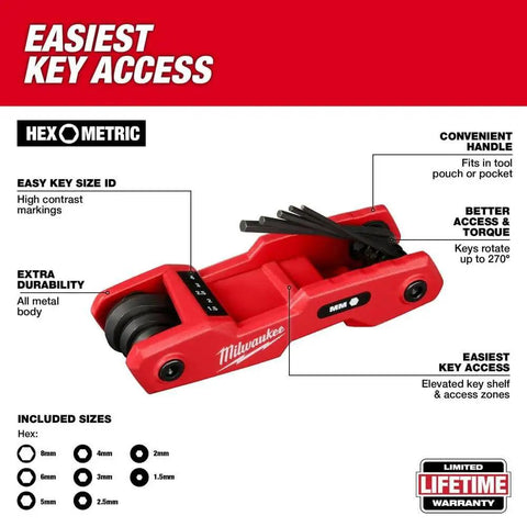 Folding Hex Key Set, 17 Keys, SAE And Metric, Built Tough With All Metal Construction, displayed with red handle and raised key rack.