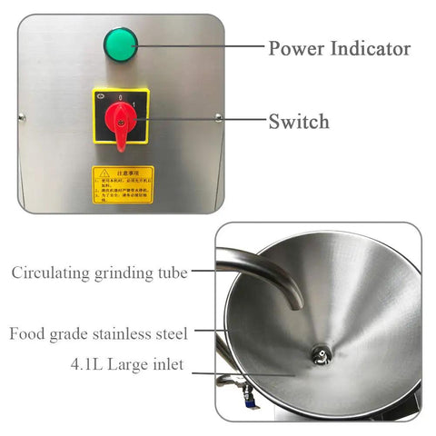 JMS60 Commercial Split Peanut Butter Maker Grinder power indicator, switch, circulating grinding tube, stainless steel inlet