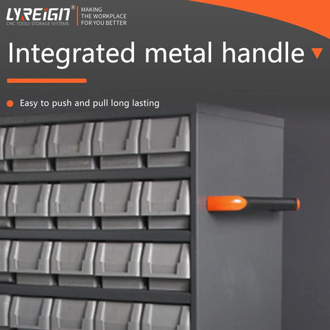 Side view of Heavy Duty CNC Tools Organizer Cabinet On Wheels For Consumables And Cutting Tools Divider Storage Chest with metal handle.