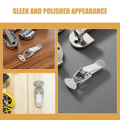 10PCS Premium Stainless Steel Draw Toggle Latch Spring Loaded For Tool Box And Gear Case Heavy Duty Secure Door Clasp on wood and metal backgrounds.