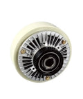 Magnetic powder brake clutch 24V, circular unit with cream housing and silver cooling fins, front view.