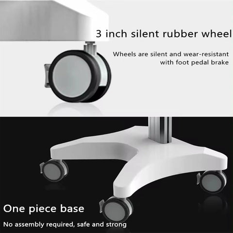 No Fuss Adjustable Height Rolling Medical Cart with 3 inch silent rubber wheels and one piece base for stability.