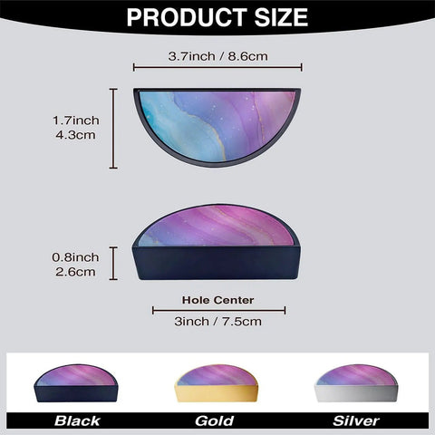 Size dimensions and color options of Pastel Rainbow Fluid Marble Cabinet Handles 2 Pack With 3 Inch Hole Center Semicircle Drawer Pulls.