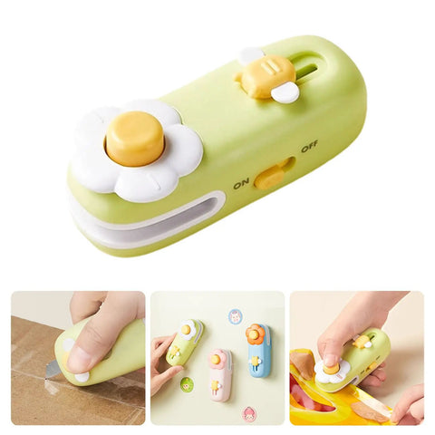 No Sweat Mini Bag Sealer and Cutter, Easy Peasy 2 In 1 Heat Resealer for Chip Bags, Portable Handheld Plastic Bag Sealer Machine and Versatile Mylar Food Packaging Tool in Green, shown in close-up with user hand.