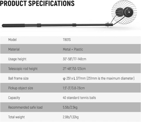 Tennis Ball Pickleball Roller Collector No Bending Over Quick Roll Up For 1.5 To 3 Inch Balls Telescopic 30 To 58 Inch Golf Ball Retriever Handles Up To 40 Balls TB01S Specifications