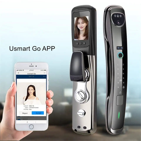Hella Secure Smart Door Lock With 3D Fingerprint Scanner And Decoy Pin Feature, showcasing digital features with Usmart Go APP on smartphone.