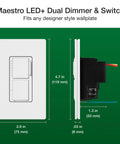 Diagram of Maestro LED Plus Dual Dimmer And Switch Two In One Control showing dimensions and single pole white finish.