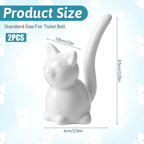 2 Piece Cat Design Toilet Bolt Covers In Crisp White Straight Up Premium Ceramic Screw Caps With Gotta Have Ease Of Installation Decorative Bathroom Replacement Hardware showing dimensions.