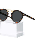 Side view of Double Bridge Round Polarized Sunglasses For Men With UV Protection Retro Tortoise Eyewear Nickel Free Metal Brow Design Classic Dope Sunnies For Everyday Wear And All Day Comfort.