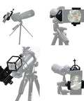 Universal Cell Phone Mount Adapter For Telescope Binocular Monocular Spotting Scope Eyepiece 25 To 48mm Diameter Fits 1.25 Inch Eyepieces attached to various scopes showing phone photography setup.