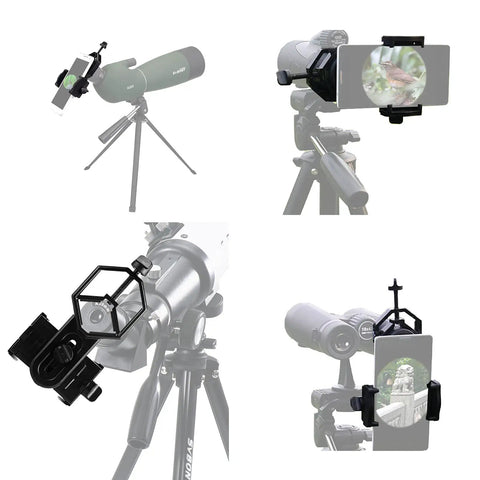 Universal Cell Phone Mount Adapter For Telescope Binocular Monocular Spotting Scope Eyepiece 25 To 48mm Diameter Fits 1.25 Inch Eyepieces attached to various scopes showing phone photography setup.