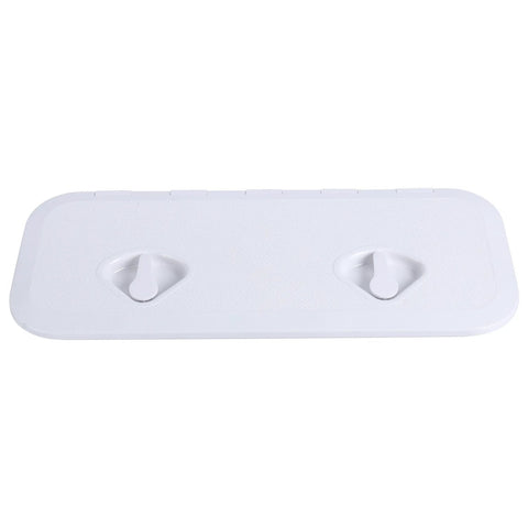 Top view of Amarine Made white boat hatch lid, marine grade, 24 x 9-5/8 in, with two recessed grip handles.