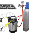 Ball Lock Keg Disconnect Quick Disconnect Set With Swivel Nuts And Hose Clamps For Homebrewing Gas And Liquid Connectors Easy Connect Design Includes 5/16 And 3/16 Inch Sizes Durable PBT And Stainless Steel Build, connected to keg and CO2 tank