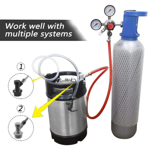 Ball Lock Keg Disconnect Quick Disconnect Set With Swivel Nuts And Hose Clamps For Homebrewing Gas And Liquid Connectors Easy Connect Design Includes 5/16 And 3/16 Inch Sizes Durable PBT And Stainless Steel Build, connected to keg and CO2 tank