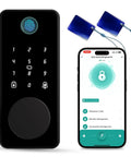 Keyless Entry Door Lock With App Control, Fingerprint Sensor And Electronic Keypad Deadbolt displayed with smartphone app interface.