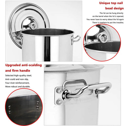 Heavy Duty Stainless Steel Electric Hot Water Boiler With Auto Keep Warm And Boil Dry Protection Designed As A Kitchen Workhorse For Piping Hot Soups And Buffets In Restaurants Offices 58 Liter Capacity showing unique lid design and firm handle.