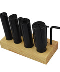 Expanding Arbors Set For Lathe And Milling Eight Piece Ring Mandrels on wooden stand with alloy wrenches