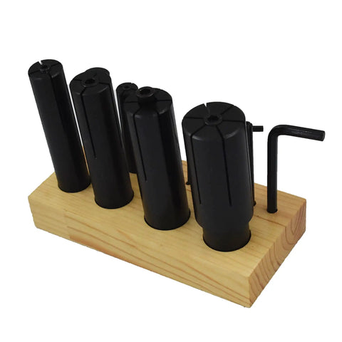 Expanding Arbors Set For Lathe And Milling Eight Piece Ring Mandrels on wooden stand with alloy wrenches