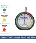 Pro Grade Dial Type Tire Tread Depth Gauge with 1/32 Inch Increments and 1/128 Inch Resolution, color coded scale.