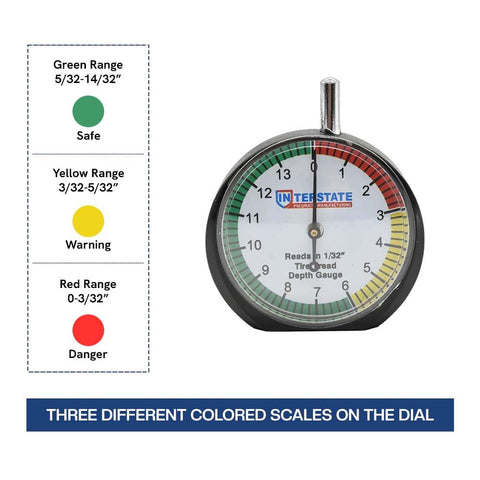 Pro Grade Dial Type Tire Tread Depth Gauge with 1/32 Inch Increments and 1/128 Inch Resolution, color coded scale.