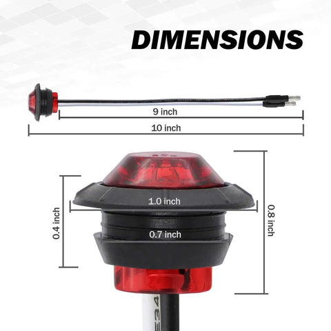 Dimensions of Meerkatt Three Quarters Inch Red LED Side Marker Light With Plug Ends shown in inches for various parts