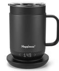 Top Shelf Self Heating Coffee Mug With Precise One Degree Temperature Control Smart Cup on rechargeable base showing 148°F.
