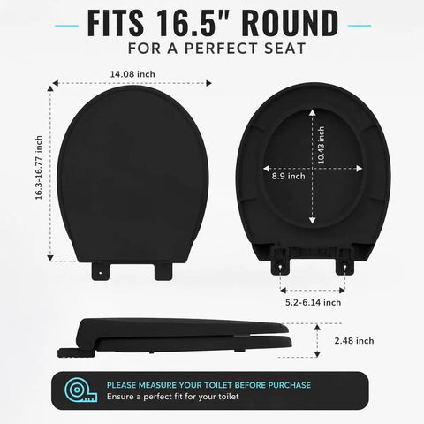 Smooth As Butter Black Round Toilet Seat Featuring Silent Soft Close Lids And Dead Simple Quick Release Mounts For Standard 16 Point 5 Inch Bowls Heavy Duty Molded Plastic Keeps Daily Use A Breeze All Year Long