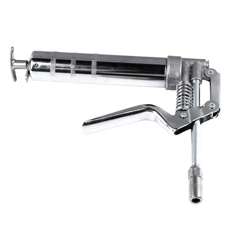 120cc Heavy Duty Handheld Grease Gun for Industrial Equipment, chrome plated metal build, lubricant filling tool shown side view