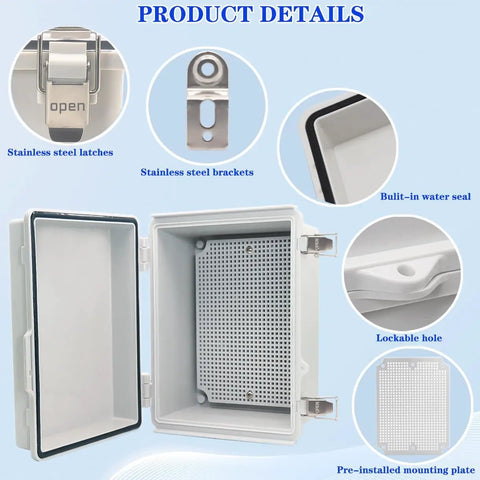 Outdoor Waterproof Electrical Junction Box Enclosure IP67 ABS Plastic Weatherproof Project Box With Mounting Plate And Wall Brackets For Easy Wall Mount Gray 8.6 by 6.6 by 4.3 Inches, open with seal and latches