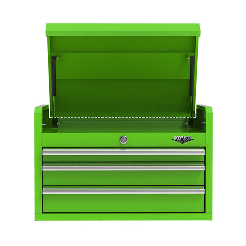 Front view of 26 Inch Top Tool Chest With 3 Drawers And Lockable Lid, 18 Gauge Steel, Lime Green Finish, Heavy Duty Garage Storage Chest For Tools.