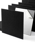 6 Pack Black Acoustic Foam Panels 1 X 24 X 24 Inch Soundproof Wedge Tiles stacked showing texture for audio improvement.