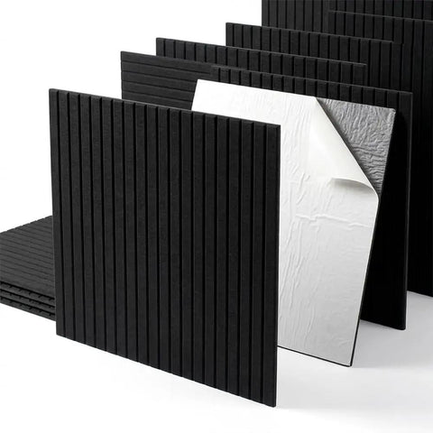 6 Pack Black Acoustic Foam Panels 1 X 24 X 24 Inch Soundproof Wedge Tiles stacked showing texture for audio improvement.