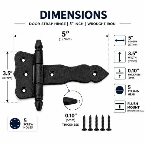 Pack Of 2 5 Inch Black Wrought Iron Shed Door Hinges Antique Style Flush Mount Cast Iron Barn Door Hardware dimensions