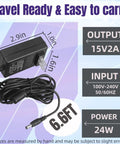 Universal 15V 2A Power Supply Charger Cable, 100-240V AC Input, 15V DC 2A 30W Output, 6.6ft extra long cord shown with dimensions