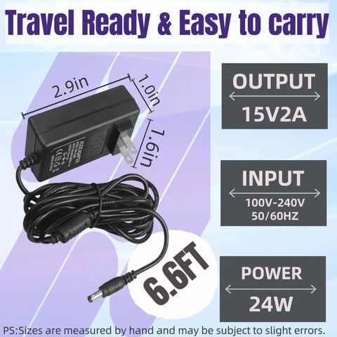 Universal 15V 2A Power Supply Charger Cable, 100-240V AC Input, 15V DC 2A 30W Output, 6.6ft extra long cord shown with dimensions