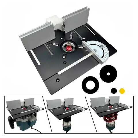 Heavy Duty Aluminum Router Table Insert Plate With Precision Center Bushing For Rock Solid Professional Woodworking Milling And Slick Flip Board Trimming Shop Rig, top view with alignment and detail features.