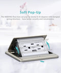 Pop Up Floor Outlet Box With 15 Amp Tamper Resistant Receptacle And Type A USB 5V 5.0A And Type C USB Corrosion Resistant Hardware ETL Listed Brushed Nickel Finish 4x4 Floor Box Kit With Flip Up Cover No Fuss open with flip-up cover showing ports on kitchen counter.