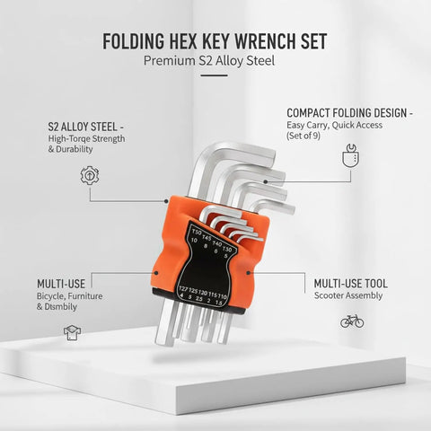 Premium Compact Folding Allen Wrench Set With 9 Essential Hex Key Sizes Crafted From Tough S2 Alloy Steel Perfect For Bike Repair Furniture Assembly And General Home DIY Projects Made For Easy Portability And Smooth Tool Access On Any Job Site, orange foldable S2 steel hex key set