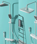Premium Thermostatic Shower System With Led Digital Display Rainfall Head Wall Mounted Bathroom Faucet Set Includes Liftable Rod And Built In Soap Tray Straight Up Flex For Any Home, featuring a sleek rainfall head and adjustable wand.