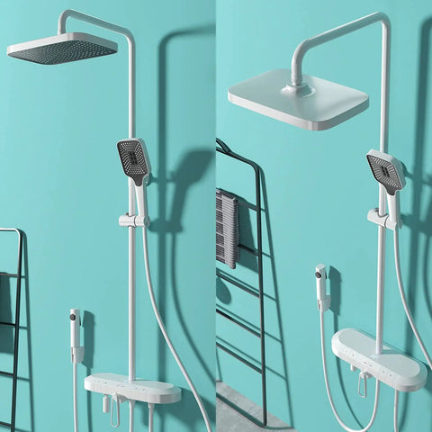 Premium Thermostatic Shower System With Led Digital Display Rainfall Head Wall Mounted Bathroom Faucet Set Includes Liftable Rod And Built In Soap Tray Straight Up Flex For Any Home, featuring a sleek rainfall head and adjustable wand.