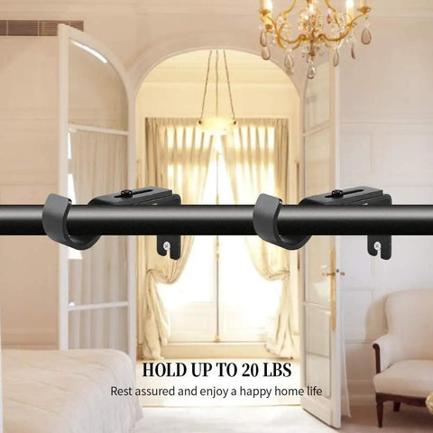 Heavy Duty Adjustable Curtain Rod Brackets Set of 2 in Black for 1 Inch Rods, mounted in elegant living room.