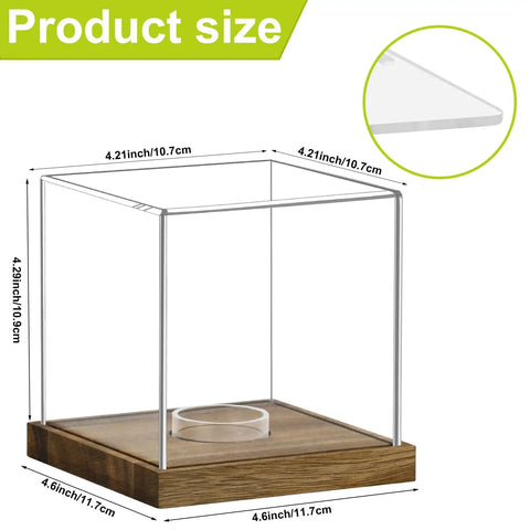 Clear Acrylic Softball Display Case With Wood Base dimensions, highlighting size of dustproof memorabilia stand cube holder