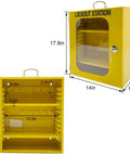 All In One Lockout Tagout Station Kit With Board Locks 80 Pcs Includes has a big yellow metal lockout station with dimensions.