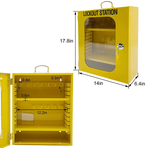 All In One Lockout Tagout Station Kit With Board Locks 80 Pcs Includes has a big yellow metal lockout station with dimensions.